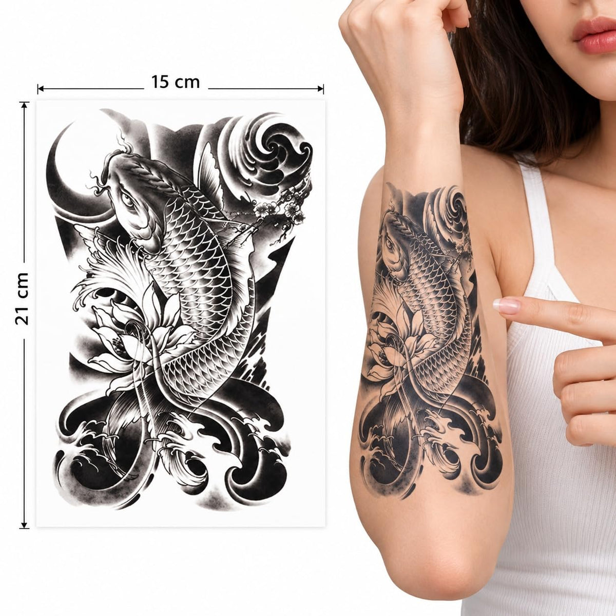 S.A.V.I Temporary Tattoo Stickers, Black Koi Fish, Samurai & Angel Wings