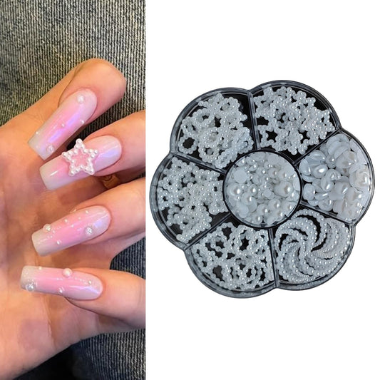 S.A.V.I White Pearl 3D Flat-Back Nail Art Charms Set – Star, Moon, Heart & Bow Shapes, Resin Pearl Design with 7-Section Round Storage Box for DIY Nail Decoration