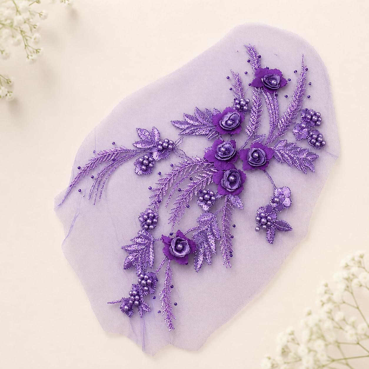 S.A.V.I Purple Floral Embroidery Patch 3D Pearl Sew-On Applique|34x25 cm Net Fabric Lace Motif for Saree, Kurti, Blouse, Gown & DIY Dress Customization, Elegant Craft Embellishment