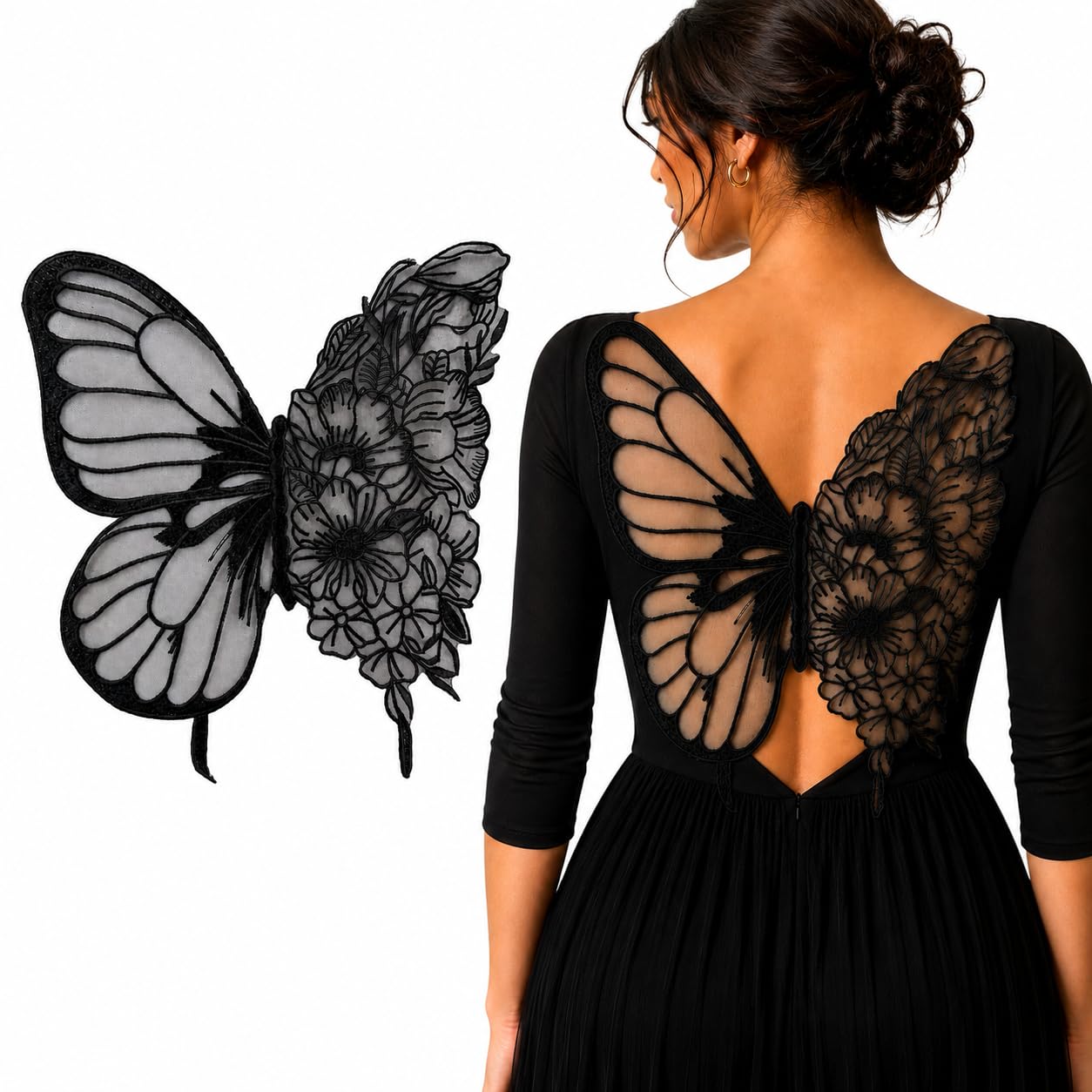 S.A.V.I Butterfly Floral Embroidery Sew-On Patch Black Mesh 35x32cm|Floral Lace Motif for Dresses, Blouses & Gowns, Premium Fabric, DIY Clothing Repair & Customization, Women Craft Accessory