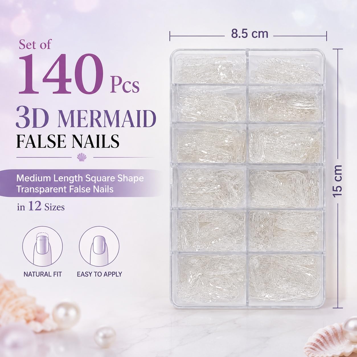 S.A.V.I 3D Mermaid False Nails 140 Pcs Clear Square Soft Gel | 12 Sizes, Natural Fit, Easy Application, Medium Length, Nail Art & Salon DIY
