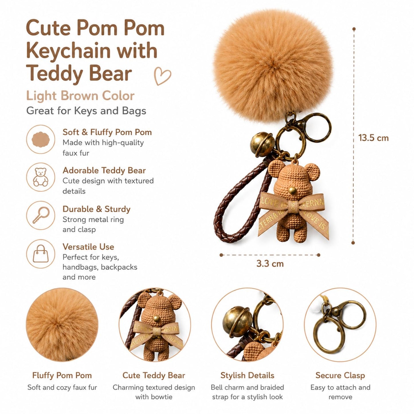 S.A.V.I Teddy Bear Pom Pom Keychain for Women, Faux Fur Bag Charm, Brown, Light Brown | 13.5 cm | Soft Fluffy Plush, Braided Strap, Bell Charm, Secure Clasp, Handbag & Backpack Accessory
