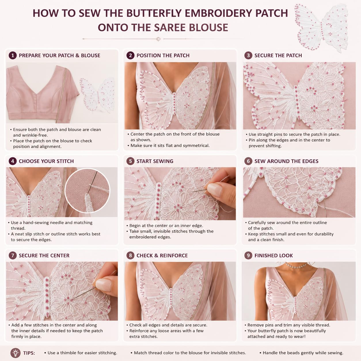 S.A.V.I Butterfly Floral Embroidery Sew-On Rhinestones White Patch 35x32cm|Ultra Thin Floral Lace Design for Kaftan, Dress, Blouse & Tops, Lightweight Decorative Craft Embellishment for Women
