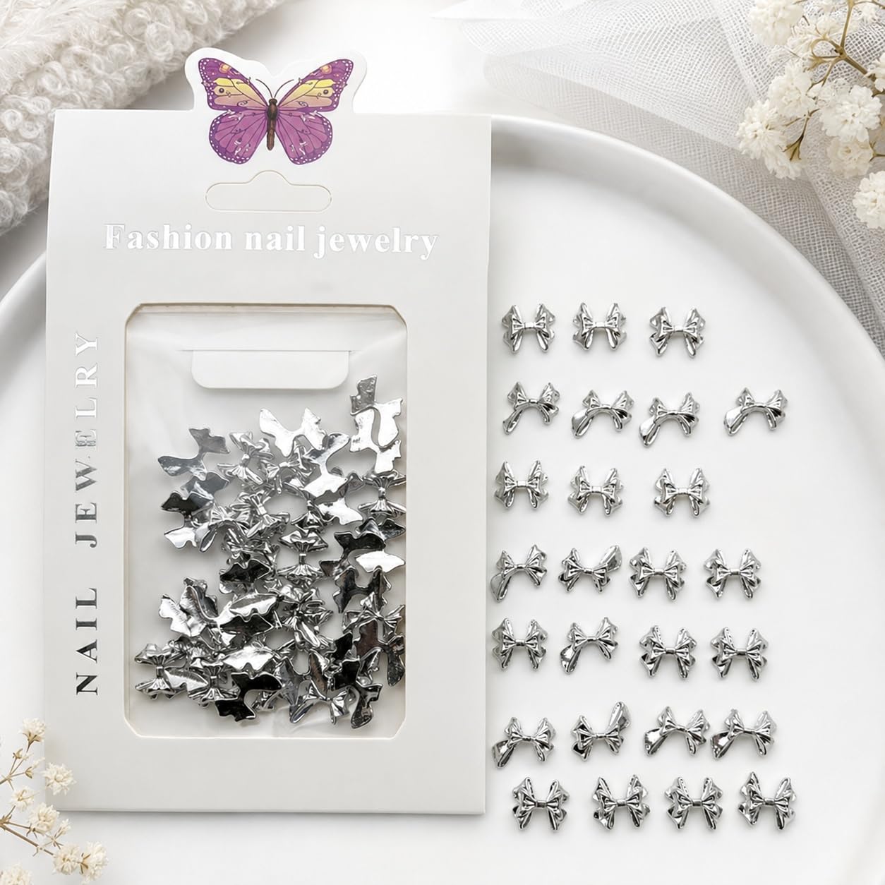 S.A.V.I Silver Alloy Bow Charms for DIY Nail Art, 20 Pcs | 3D Manicure Embellishments, Glossy Finish, Acrylic, Gel & Press-On, Easy to Apply, Women & Girls
