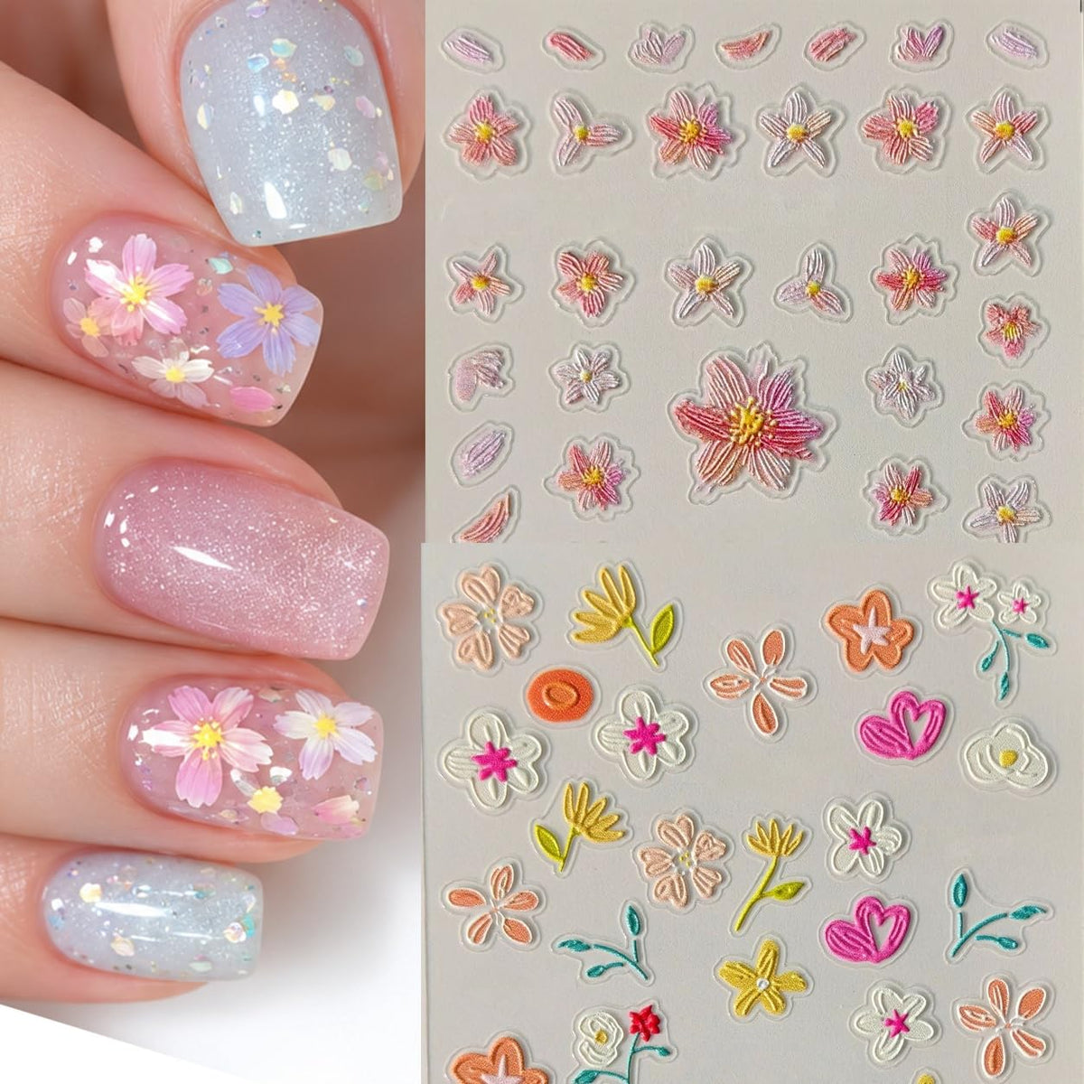 S.A.V.I 3D Embossed Floral Nail Art Stickers Wildflower Decals | 2 Sheets, Self Adhesive, DIY Manicure, Easy Peel and Apply, 6 x 10 cm Each