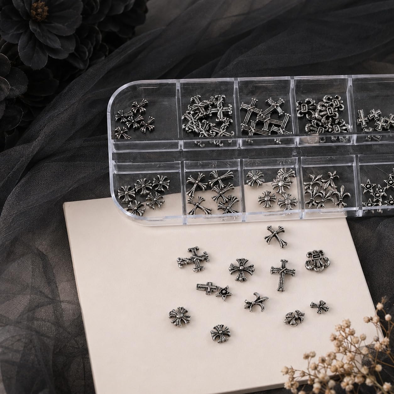 S.A.V.I 3D Alloy Gothic Cross Nail Charms, 12 Styles, Gun Black | Retro Punk Design, 12-Section Storage Box, DIY Manicure Use, Metal Studs, Salon & Home