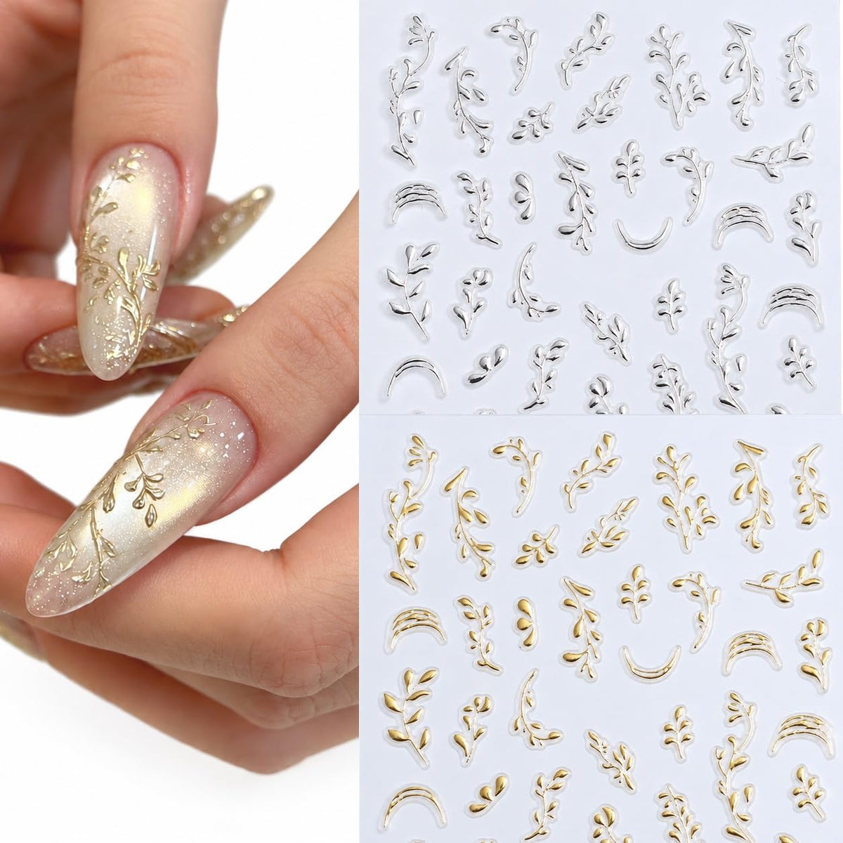 S.A.V.I 3D Nail Art Stickers Floral Leaf Design Gold & Silver | Self Adhesive, Metallic Botanical Decals, DIY Manicure, 7 x 9 cm Sheets, Set of 2