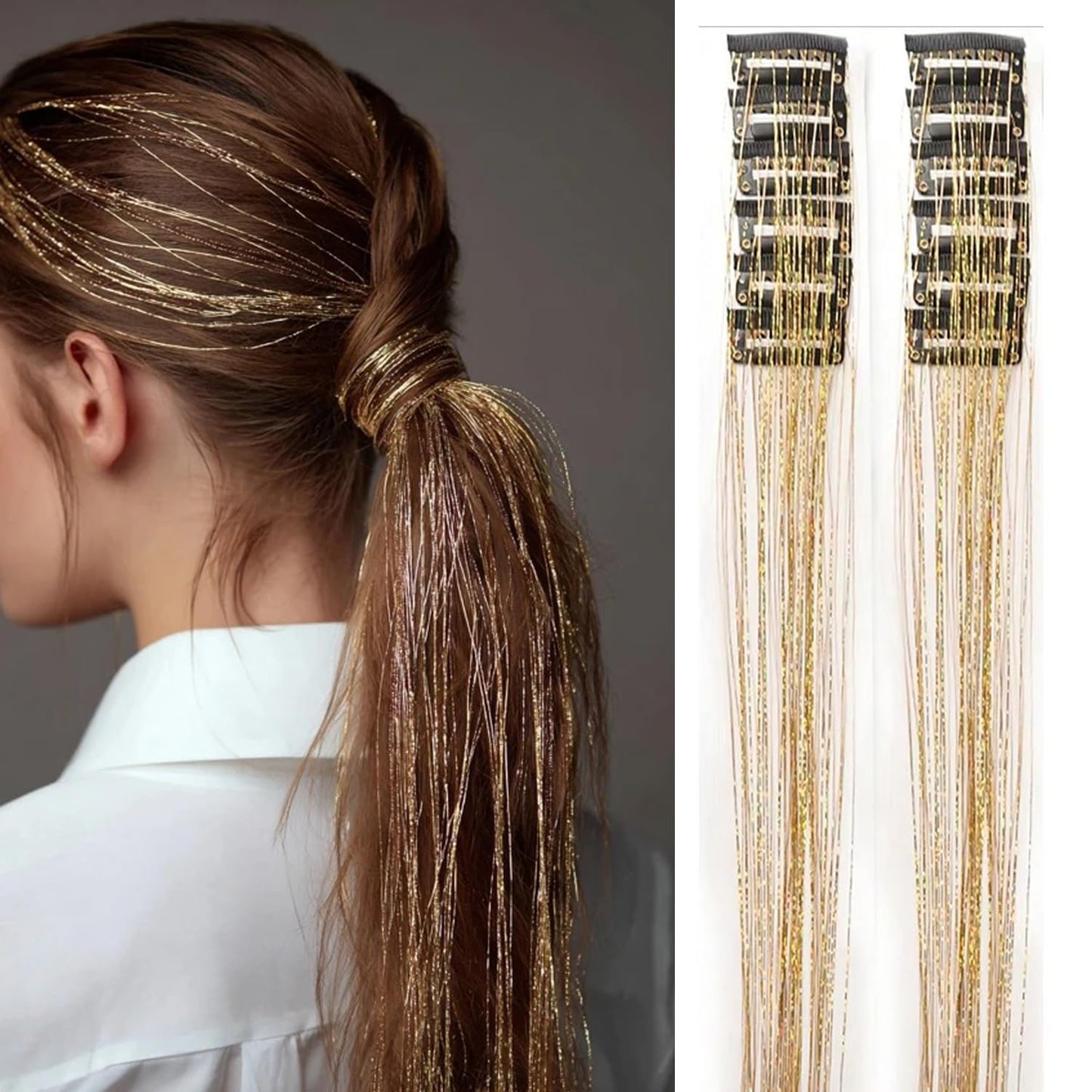 S.A.V.I Gold Clip-In Hair Tinsel Extensions 12 Pcs, 50cm Glitter Fairy Hair Strands, Reusable Synthetic Shimmer Highlights, Metallic Sparkle Hair Accessory for Women, Girls & Party Styling
