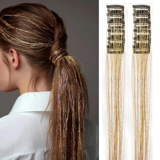 S.A.V.I Gold Clip-In Hair Tinsel Extensions 12 Pcs, 50cm Glitter Fairy Hair Strands, Reusable Synthetic Shimmer Highlights, Metallic Sparkle Hair Accessory for Women, Girls & Party Styling