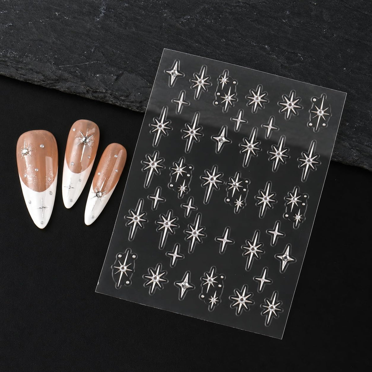 S.A.V.I 3D Star Nail Art Stickers with Rhinestones, Gold & Silver | Self Adhesive, 2 Sheets, 6 x 8 cm Each, DIY Manicure, Salon Style Finish