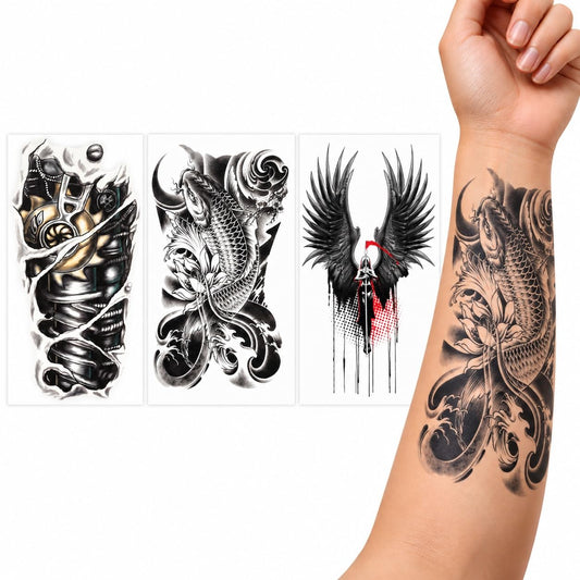S.A.V.I Temporary Tattoo Stickers, Black Koi Fish, Samurai & Angel Wings