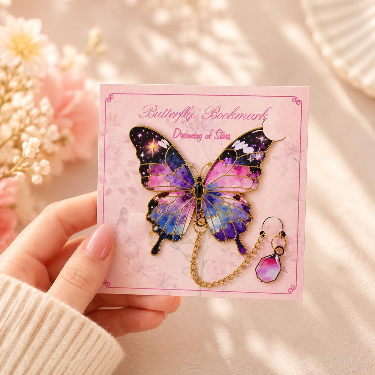 S.A.V.I Butterfly Bookmark Purple Pink Enamel with Chain Charm 14 cm | Colorful Enamel Finish, Durable Alloy Metal, Hanging Charm Pendant, 5 cm x 14 cm Size, For Women & Students