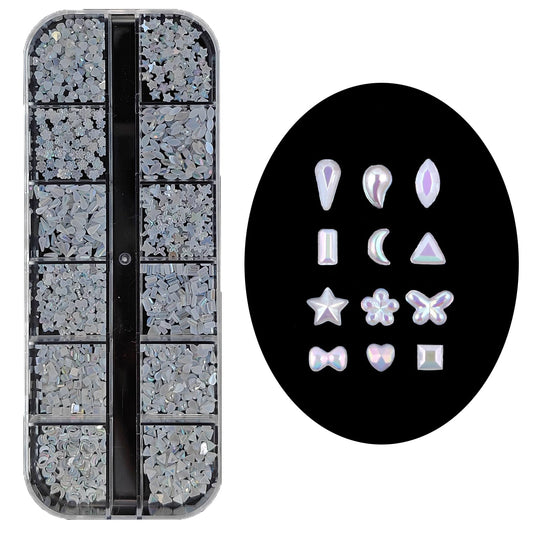 S.A.V.I Pearl White AB Resin Nail Art Rhinestones Set | Flat Back Mixed Shapes Star Heart Moon Flower Triangle | 1.5–4mm Sizes | 12 Grid Storage Box | DIY Nail Decoration Kit