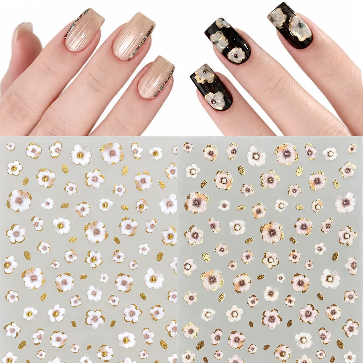 S.A.V.I 3D Floral Nail Art Stickers Self Adhesive Decals, 2 Sheets | White & Coffee Blossoms, Metallic Gold Detailing, Pearl Accents, DIY Manicure, 7 x 9 cm
