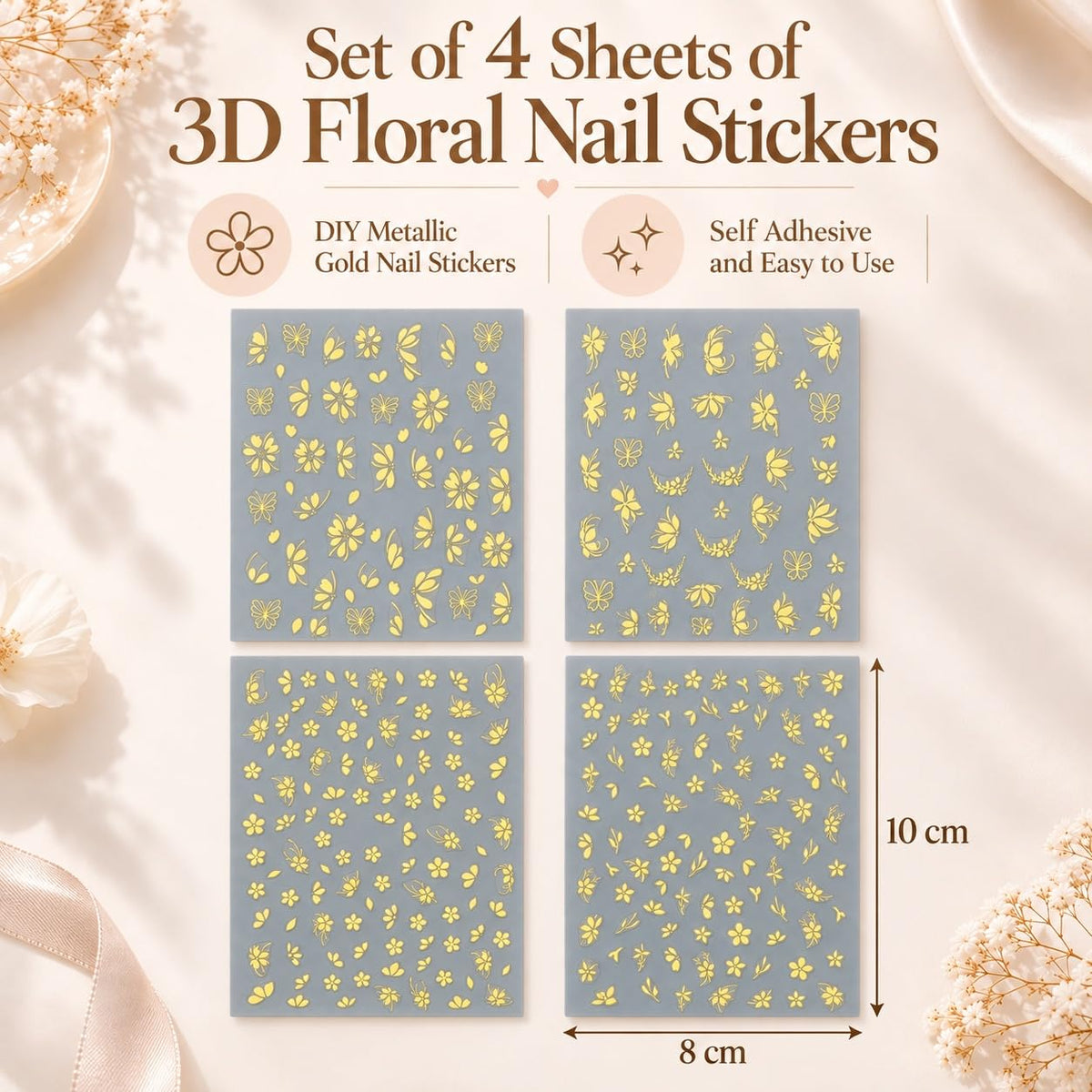 S.A.V.I 3D Floral Nail Art Stickers Metallic Gold, Set of 4 | Self Adhesive Decals, Raised Flower Designs, 8 x 10 cm Each, Easy Application, Home Salon Use