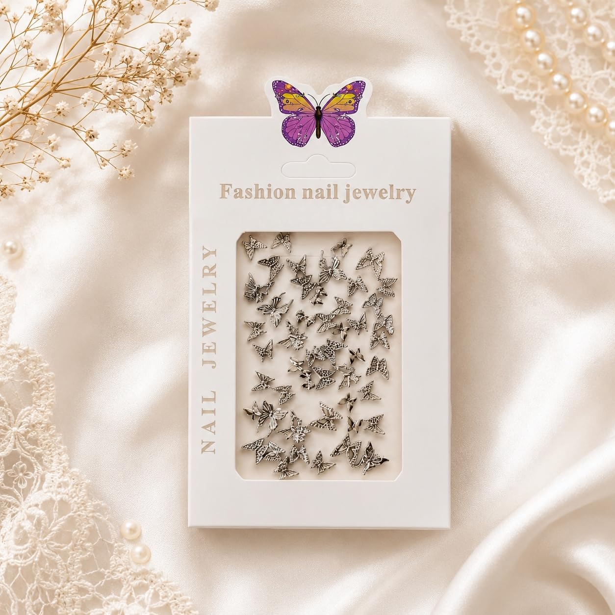 S.A.V.I 45Pcs Alloy Nail Charms Butterfly Bow Silver 3D | Mixed Shapes, Gel & Acrylic Designs, Durable Metal, Salon & Home DIY, Manicure Embellishments