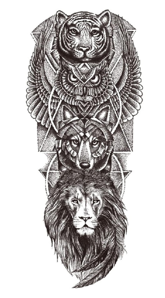 S.A.V.I Temporary Tattoo Stickers, Trio Tiger Wolf Lion Faces Tattoo Pattern For Men, Women, Tattoo For Hand Arm, Size 21x11cm - 1Pc.