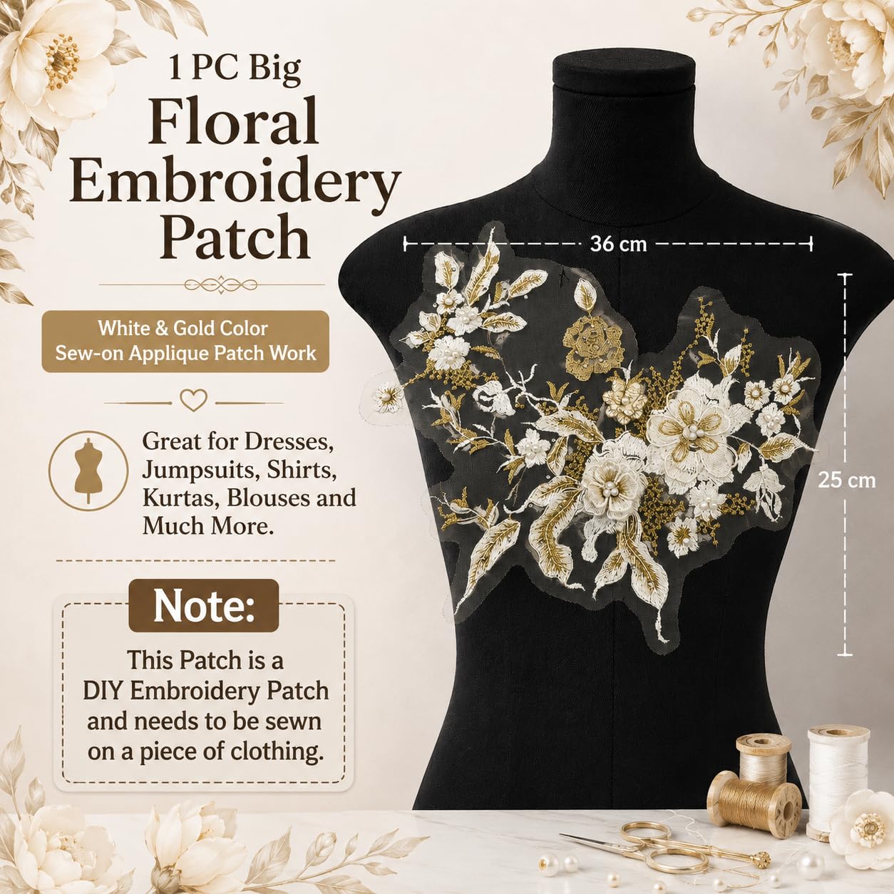 S.A.V.I Floral Embroidery Patch Sew-On Applique White Gold 36x25 cm|Large DIY Lace Motif for Dresses, Kurtas, Blouses & Shirts, Mesh Fabric, Elegant Decorative Craft Accessory