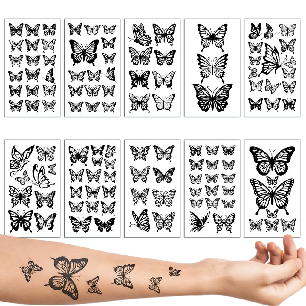 S.A.V.I 10 Sheets Black Butterfly Temporary Tattoos (6.8 x 12 cm) – Small & Large Floral Body Art Stickers for Women, Girls & Kids, Waterproof, Safe, Non-Toxic, Long Lasting for Arm, Wrist, Neck & Ankle (#328)