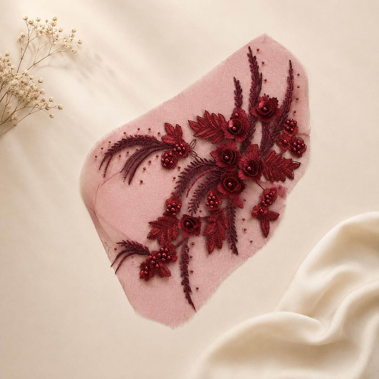 S.A.V.I Floral Embroidery Patch Sew-On Applique Wine 34x25cm|3D Beaded Mesh Lace Motif for Kurti, Gown, Blouse & DIY Craft, Premium Finish