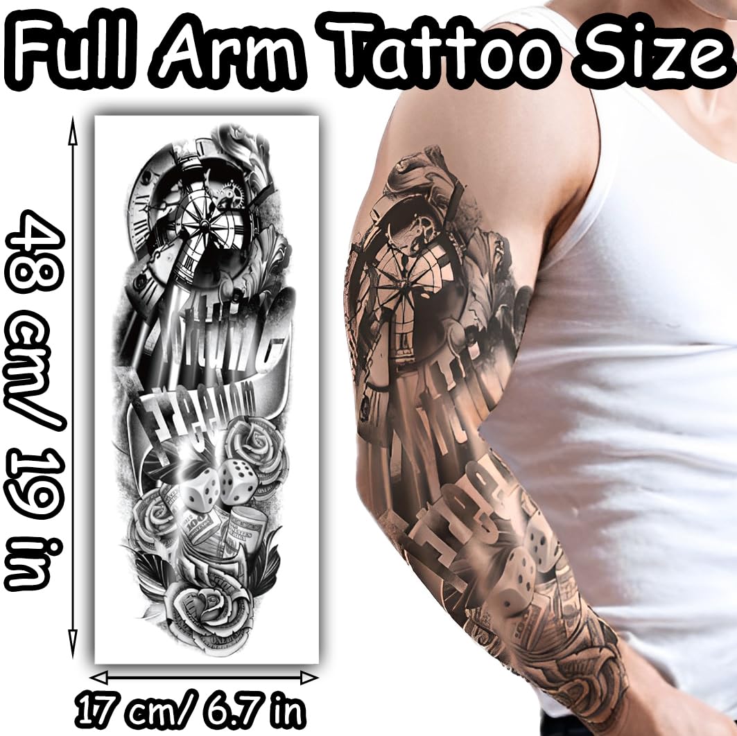 S.A.V.I Full Arm Tattoo Sleeve for Men – 48x17cm Black Temporary Body Art with Realistic Clock, Dice, Rose Design – Waterproof, Non-Toxic, Safe – Long Lasting for Parties, Events, Photoshoots