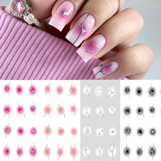 S.A.V.I 4 Sheets - 3D Self-Adhesive Nail Art Stickers | Blush Gradient with Metallic Silver Lines | Baby Pink, Hot Pink, Black & White | Heart & Abstract Designs