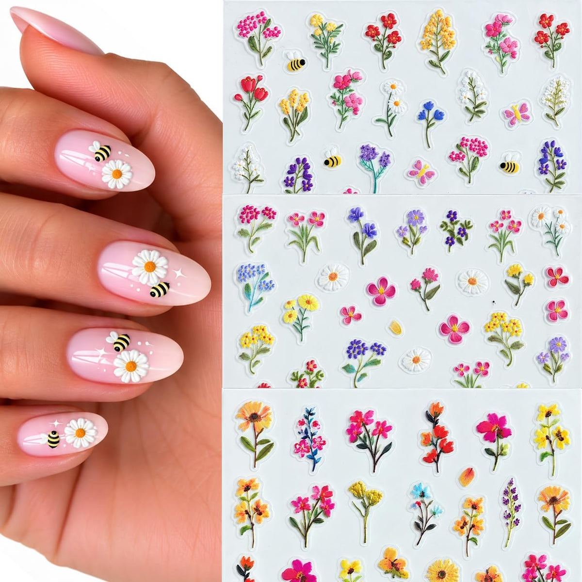 S.A.V.I 5D Nail Art Stickers Wildflower Floral Designs, Set of 3 | Self-Adhesive Decals, 7 x 9 cm Sheets, DIY Manicure, Women & Girls, Multicolour Blossoms