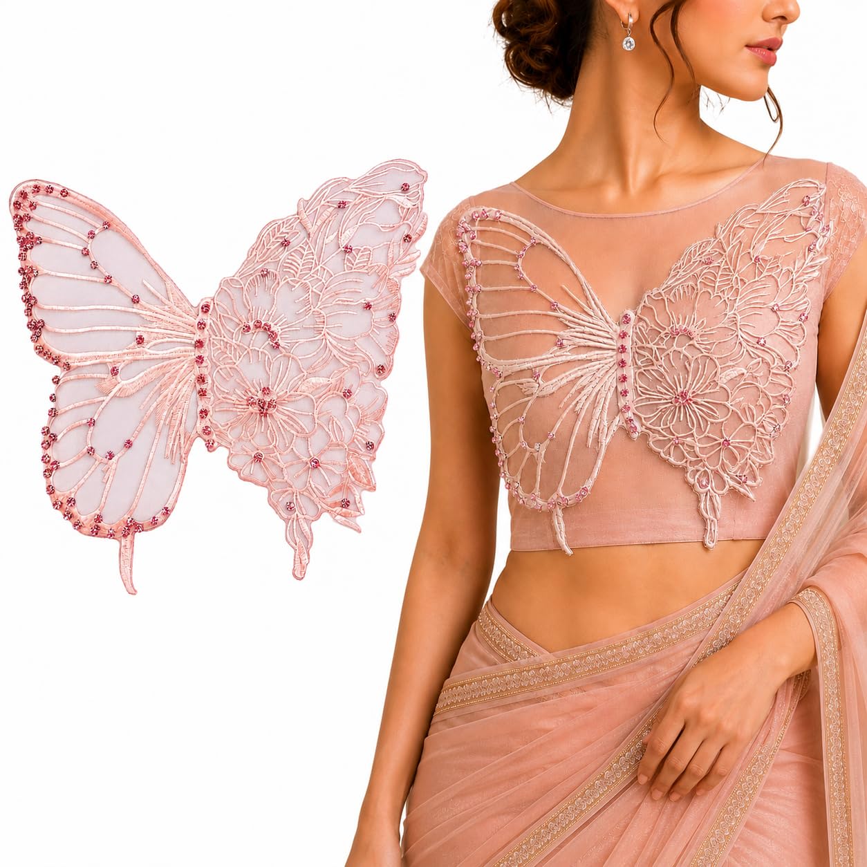 S.A.V.I Butterfly Floral Embroidery Sew-On Rhinestones Pink Patch 35x32cm|Ultra Thin Floral Lace Design for Kaftan, Dress, Blouse & Tops, Lightweight Decorative Craft Embellishment for Women
