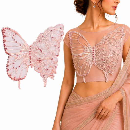 S.A.V.I Butterfly Floral Embroidery Sew-On Rhinestones Pink Patch 35x32cm|Ultra Thin Floral Lace Design for Kaftan, Dress, Blouse & Tops, Lightweight Decorative Craft Embellishment for Women