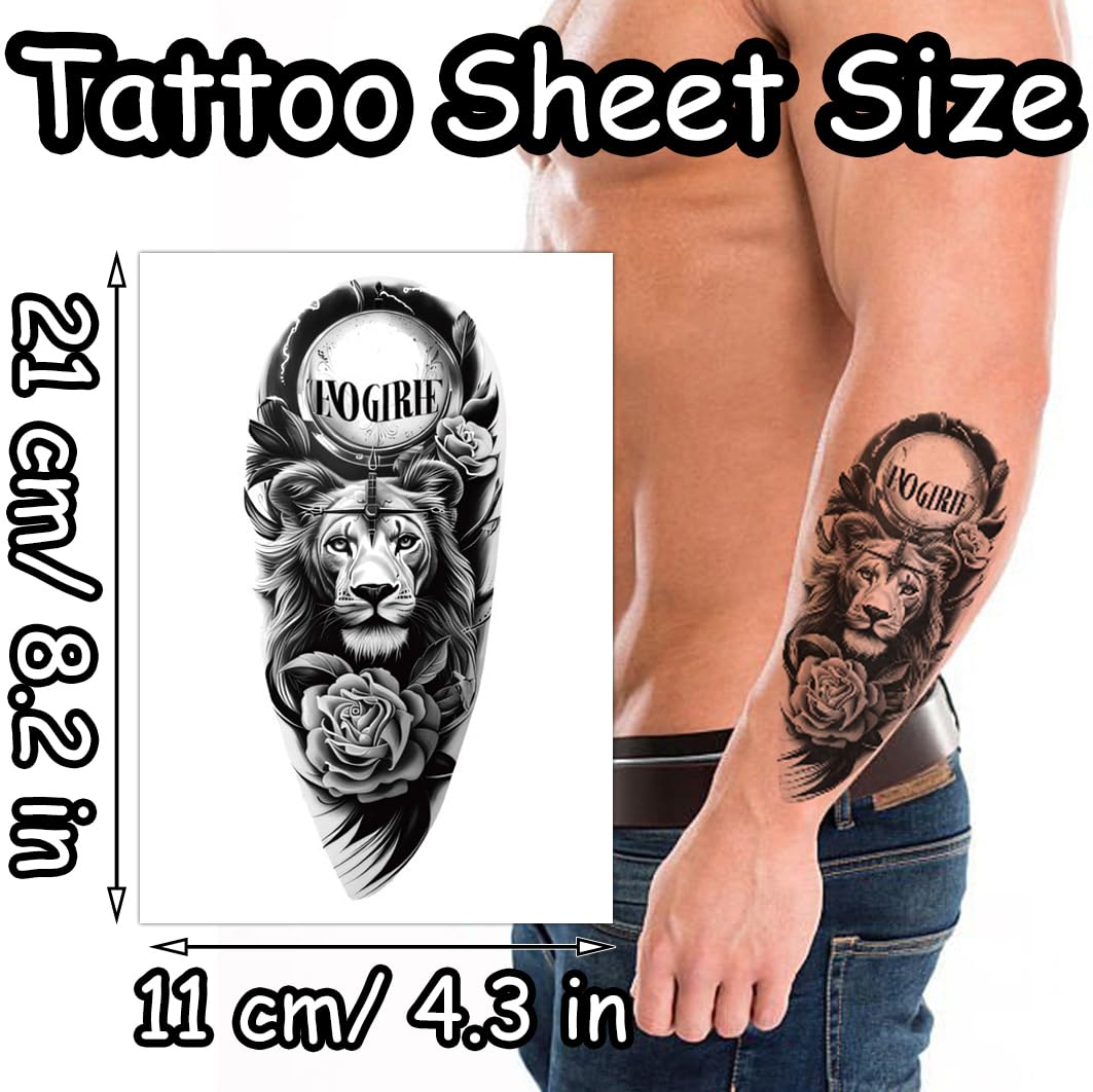 S.A.V.I Large Temporary Tattoo Sticker for Men 21x11cm – Black Lion & Rose 'NO GRIEF' Waterproof Fake Arm/Shoulder Transfer, Safe Non-Toxic Body Art, Quick Apply, Long-Lasting Stylish Look – 1 Pc