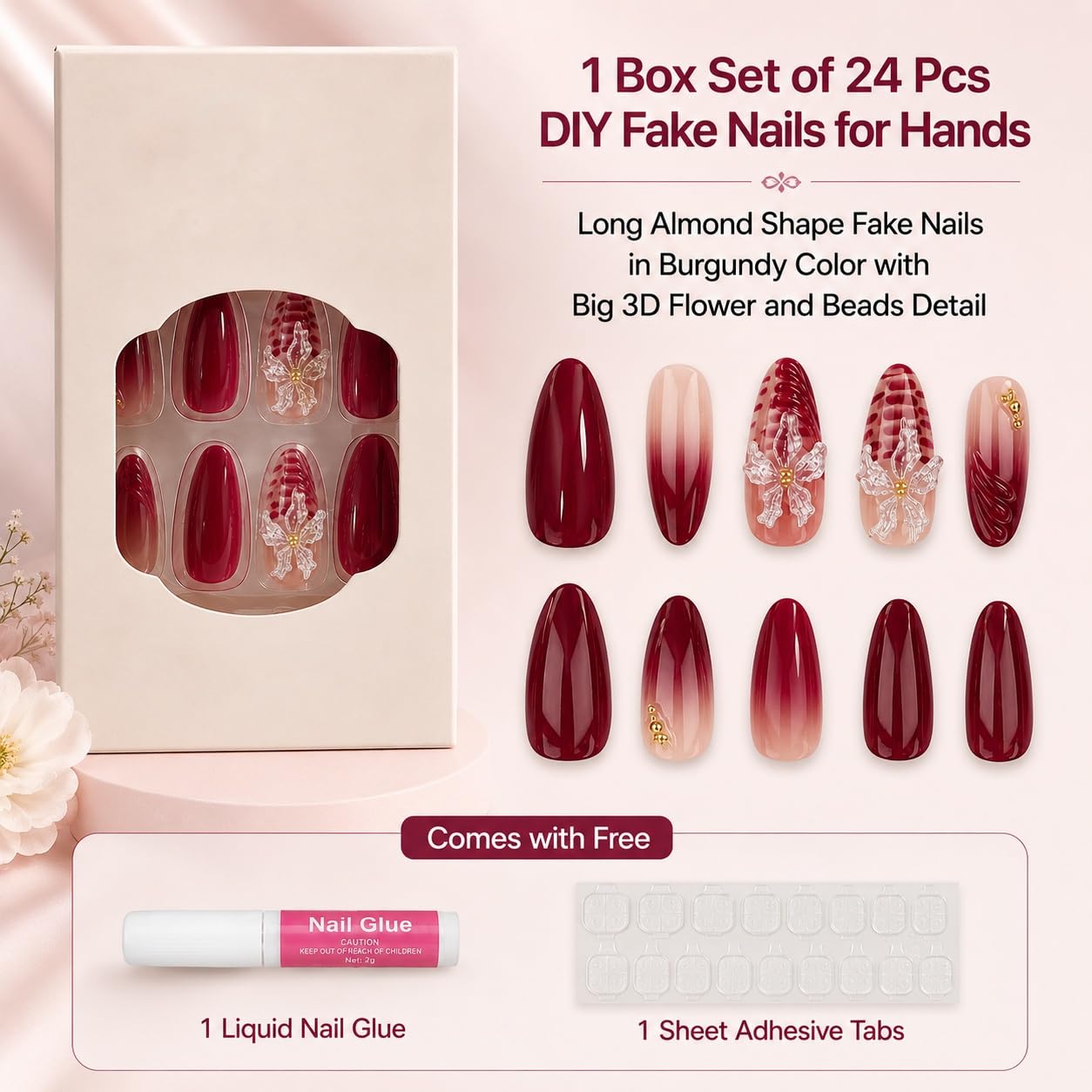 S.A.V.I Press on Nails Long Almond Burgundy 3D Flower 24 Pcs | Gloss Finish, Beads, Glue & Adhesive Tabs, Reusable DIY Full Cover Tips for Parties & Weddings