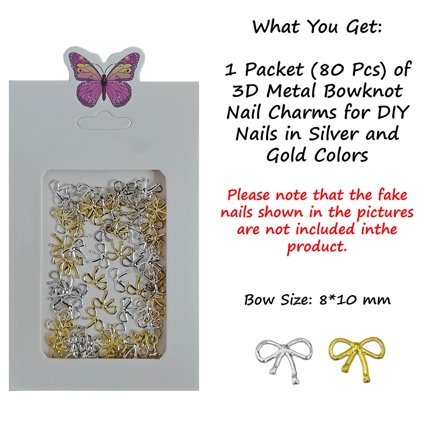 S.A.V.I 3D Metal Bow Knot Nail Charms (80 Pcs) | Gold & Silver Mini Bow Design 8×10 mm | Premium Alloy Nail Art Accessories for Acrylic, Gel & DIY Nail Decoration