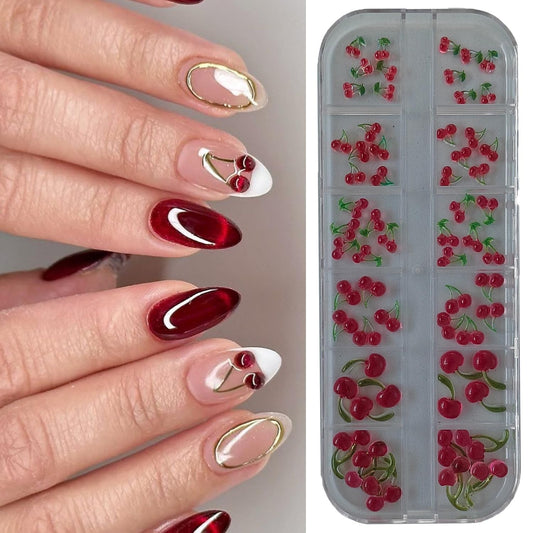 S.A.V.I 3D Cherry Nail Art Charms Set (62 Pcs) | Red & Green Resin Mini Fruit Designs | Mixed Sizes | Glossy Finish | DIY Nail Decoration | 12-Grid Storage Box