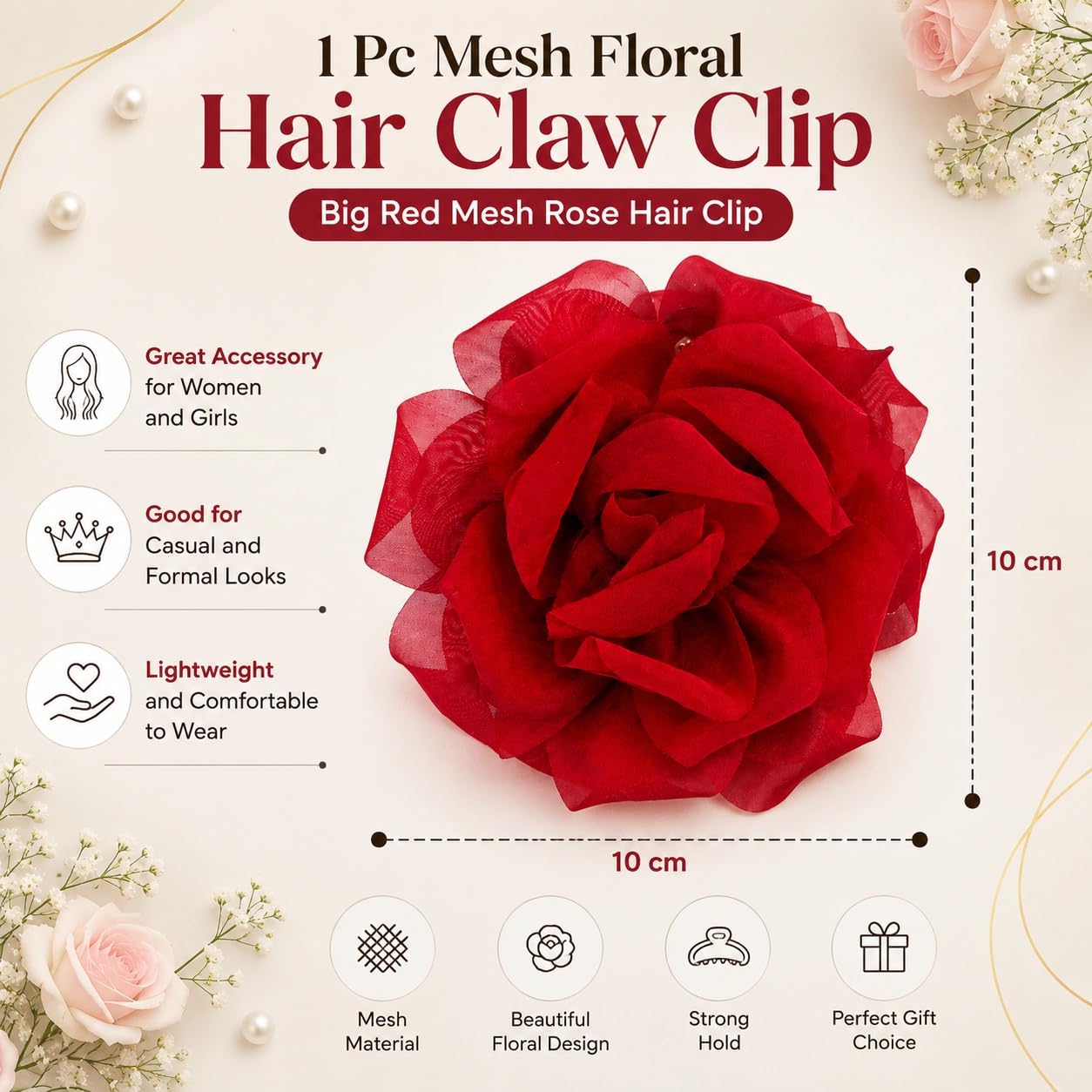 S.A.V.I Rose Hair Claw Clip for Women, Mesh Floral, Red, 10 cm | Strong Grip, Lightweight Fabric, Casual & Party Styling, Wedding & Festive Use, For Girls