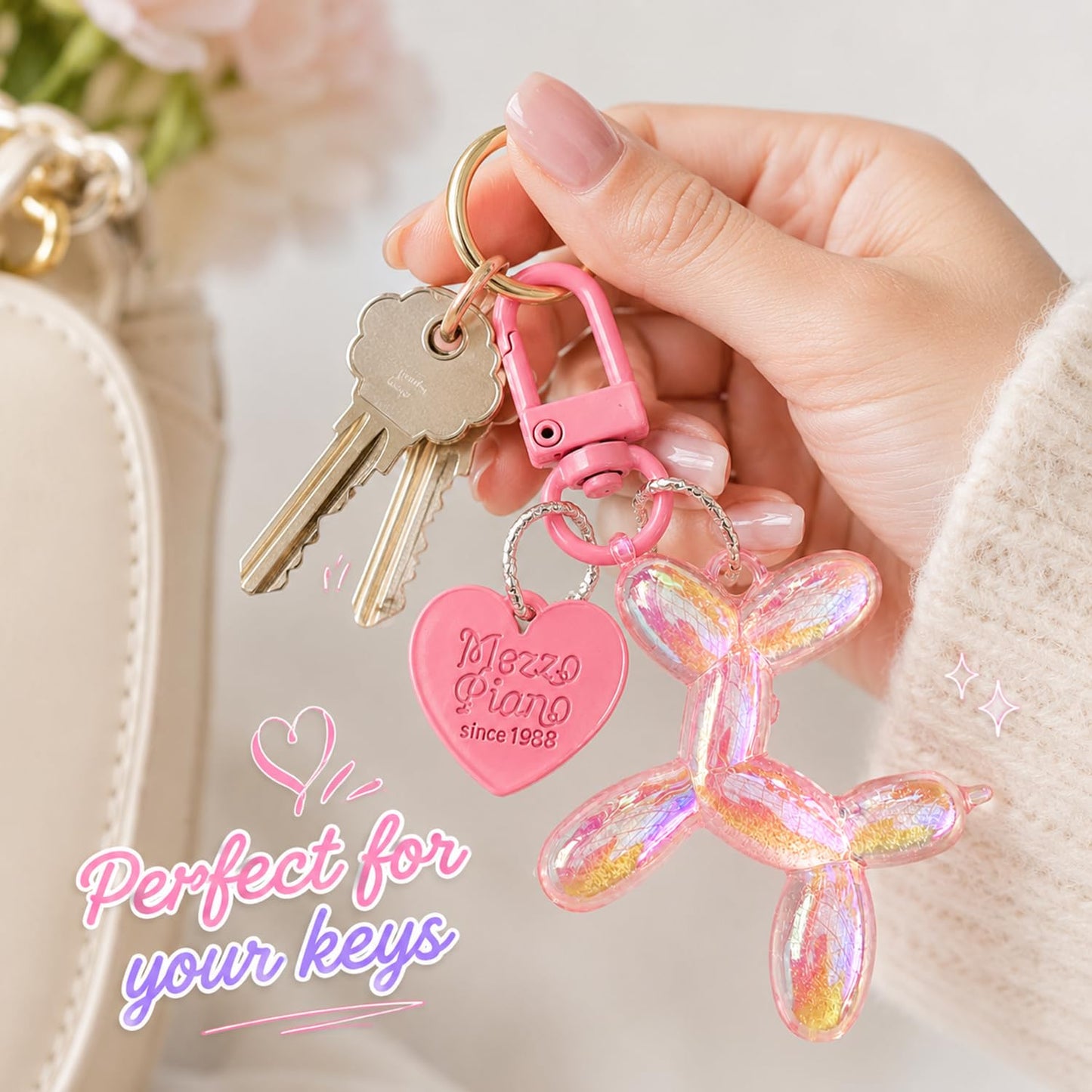 S.A.V.I Resin Balloon Dog Keychain for Women & Girls, Pink, Aurora Finish, Heart Pendant, Durable Resin, 5.2 x 4.7 cm, Lightweight Accessory for Handbags, Keys & Backpacks