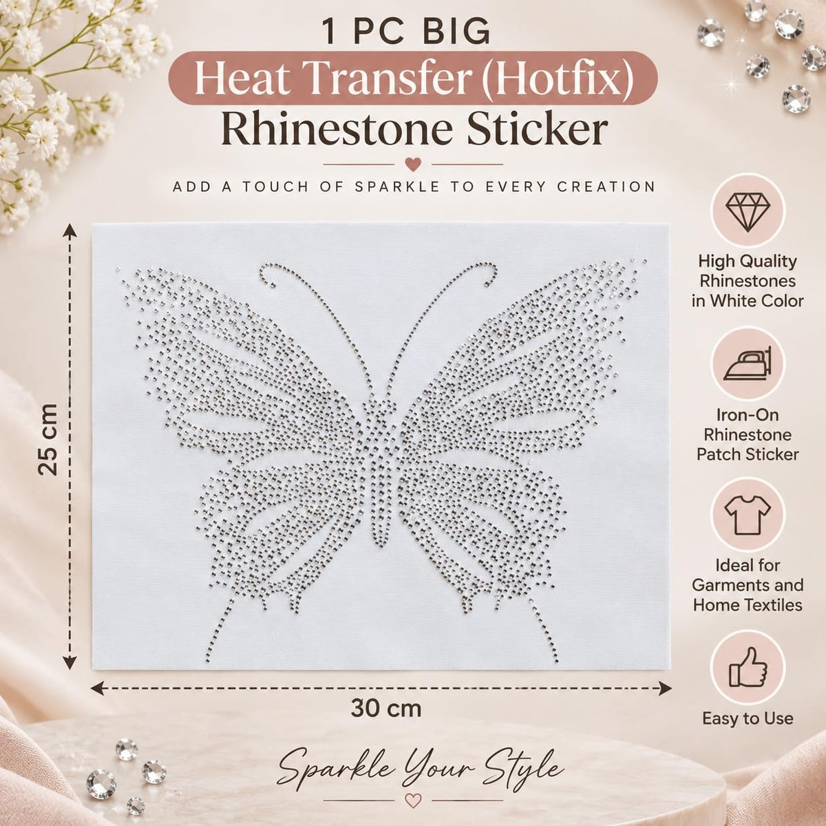 S.A.V.I Rhinestone Iron on Butterfly Heat Transfer Sticker 25x30cm