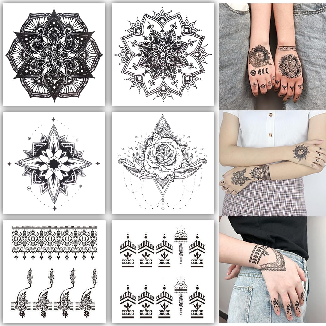 S.A.V.I 6 Sheet Black Heena Style Temporary Tattoo for Women & Girls | Waterproof Mehndi Body Art Stickers | Safe Non-Toxic | Indian Intricate Designs for Hands, Arms, Fingers (8x7.5 cm) (4)