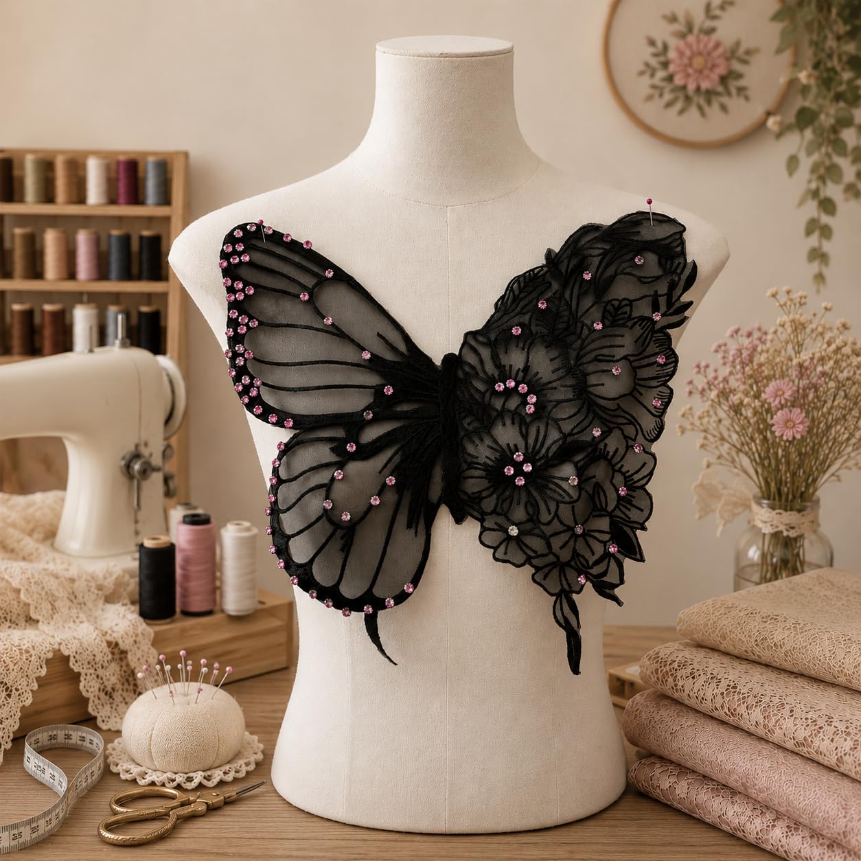 S.A.V.I Butterfly Embroidery Applique Patch Black Mesh Rhinestone Sew-On|Ultra Thin 35x32 cm Floral Lace Design for Kaftan, Dress, Blouse & Tops, Lightweight Decorative Craft Embellishment for Women