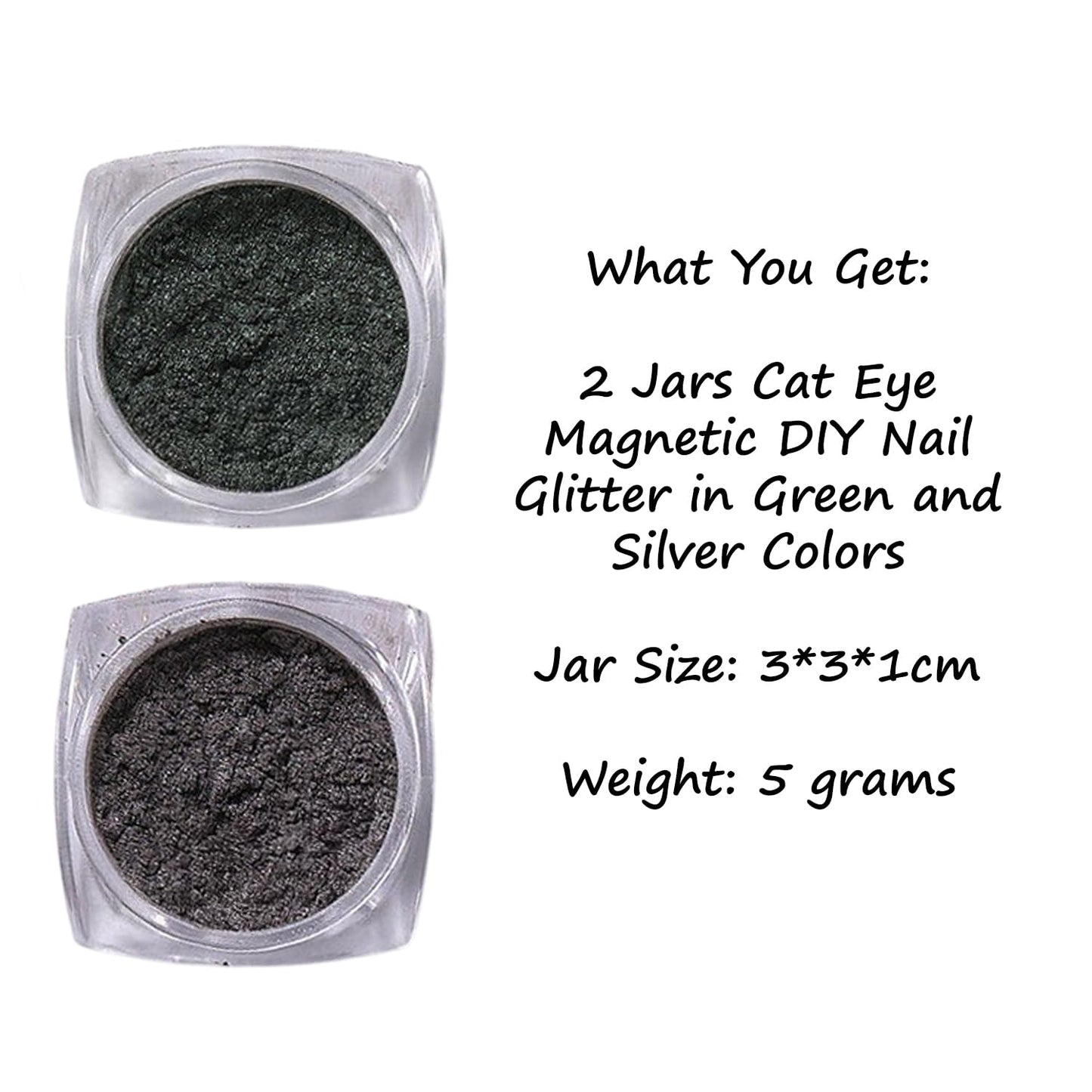 S.A.V.I Cat Eye Magnetic Nail Powder Set Green & Silver 2x5g | DIY Chrome Pigment, Shimmer Effect, Mix 1:1 Formula, Salon & Home Use, 2 Jars Included