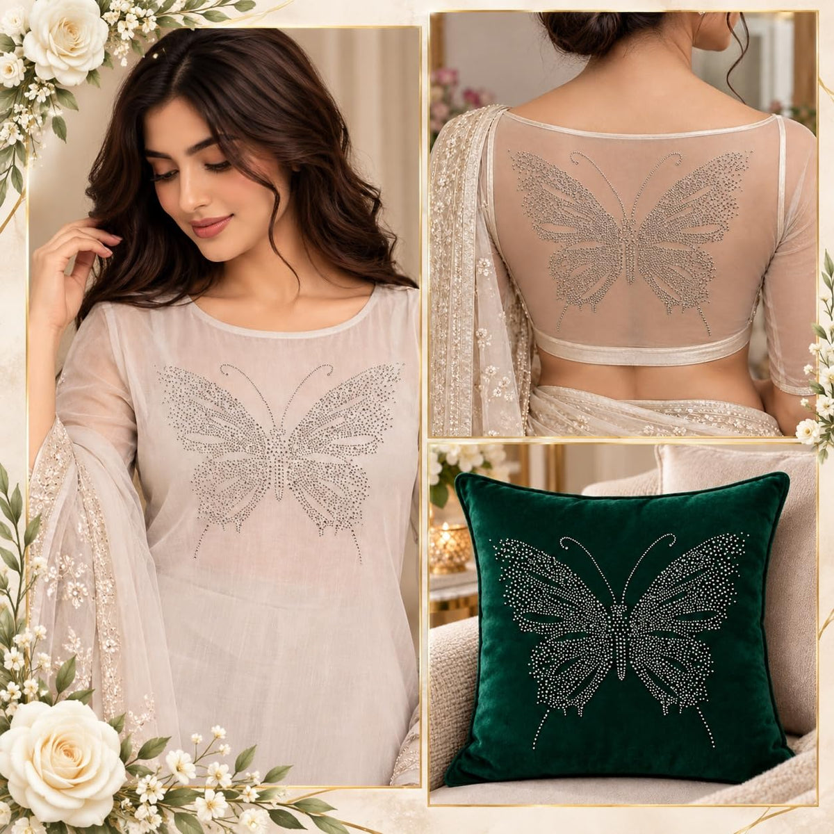 S.A.V.I Rhinestone Iron on Butterfly Heat Transfer Sticker 25x30cm