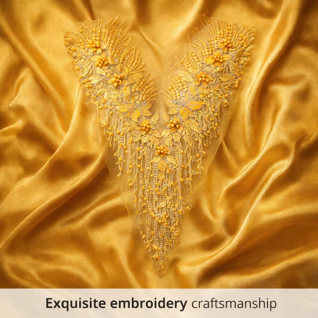 S.A.V.I Golden Yellow Floral Beaded Embroidery Lace Applique Patch 28 x 55 cm | V-Neck Net Mesh Design for Lehenga Choli Blouse, Gown & Designer Ethnic Wear (Yellow)