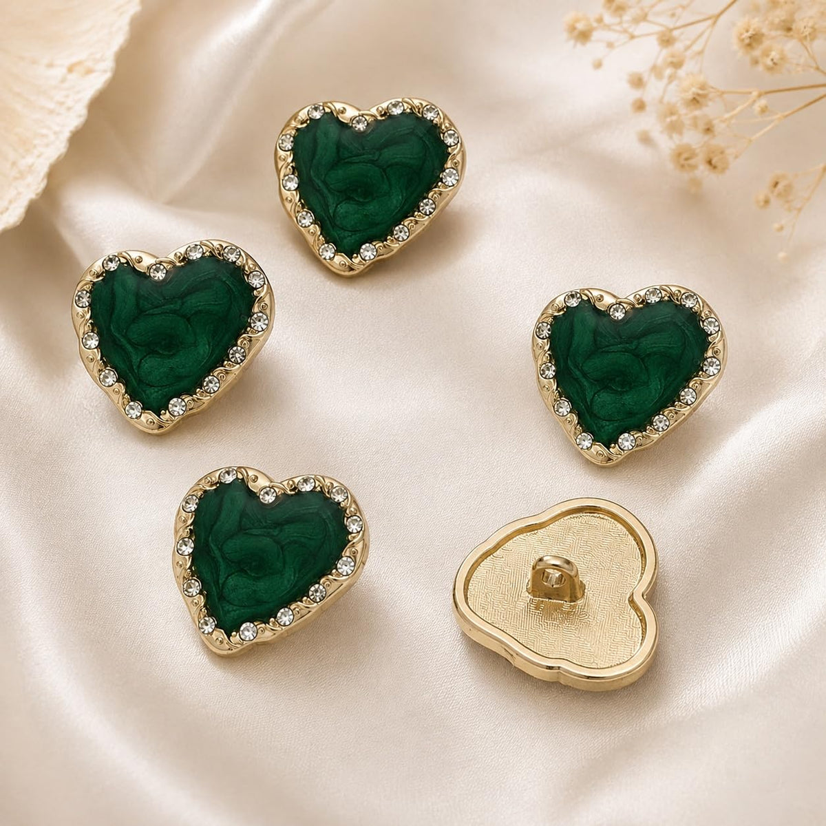 S.A.V.I Heart Crystal Shank Buttons Emerald Green 15mm Set of 5 | Rhinestone Embellishments, Gold-Tone Border, for Blouse & Saree, DIY Sewing, for Kurti & Dress