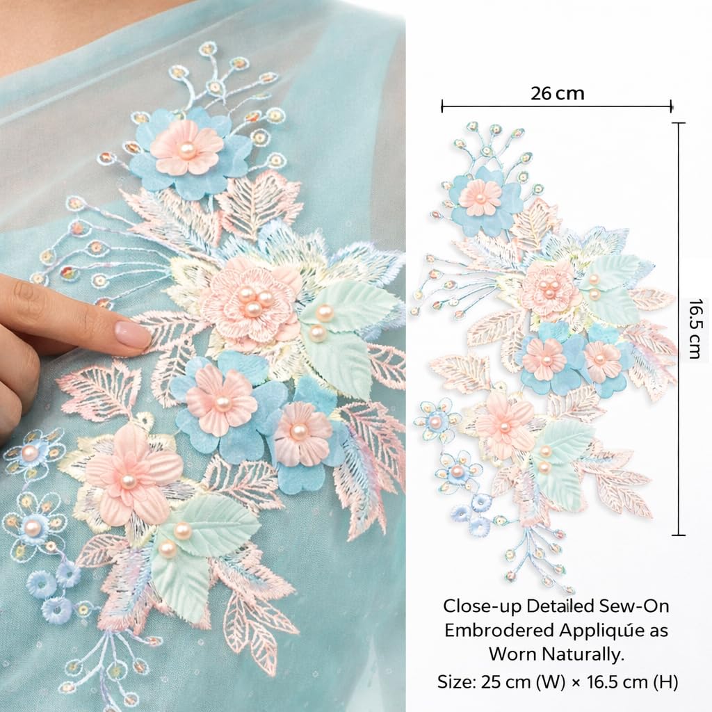 S.A.V.I Pastel Blue & Peach Floral Embroidered Sew-On Appliqué Patch 25 x 16.5 cm with Pearl & Thread Work | Fabric Motif for Saree, Kurti, Gown & Dress Designing