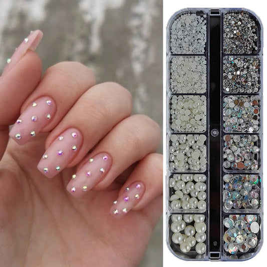S.A.V.I DIY Nail Art Decoration Kit with White & Ivory Pearl AB Crystal Rhinestones, Flat Back Resin Gems, 6 Mixed Sizes, Gloss Finish, 12-Grid Storage Box for Salon & Home Use