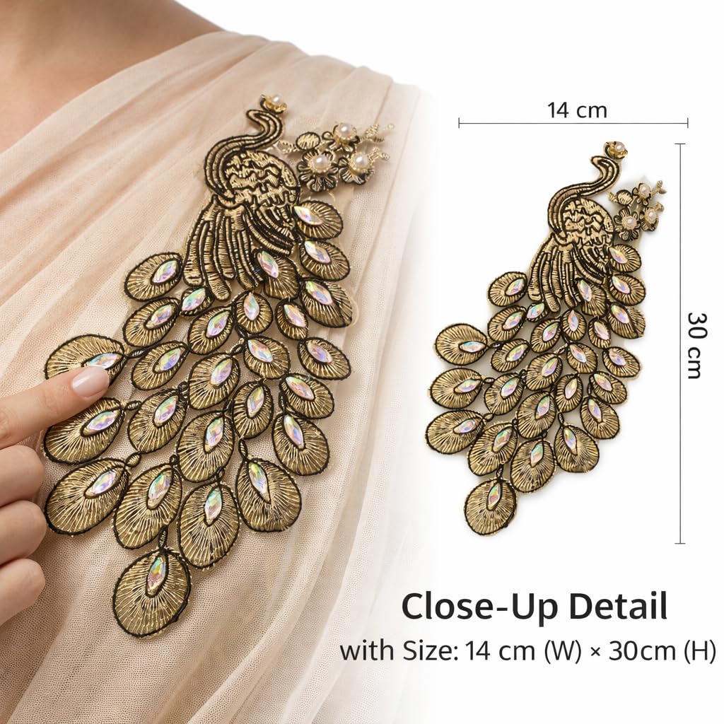 S.A.V.I Gold & Black Peacock Embroidered Sew-On Appliqué Patch 14x30 cm | Zardozi Threadwork with Crystal Stones | Designer Blouse Saree Kurti Gown Decoration (Right, Black & Gold, OneSize)