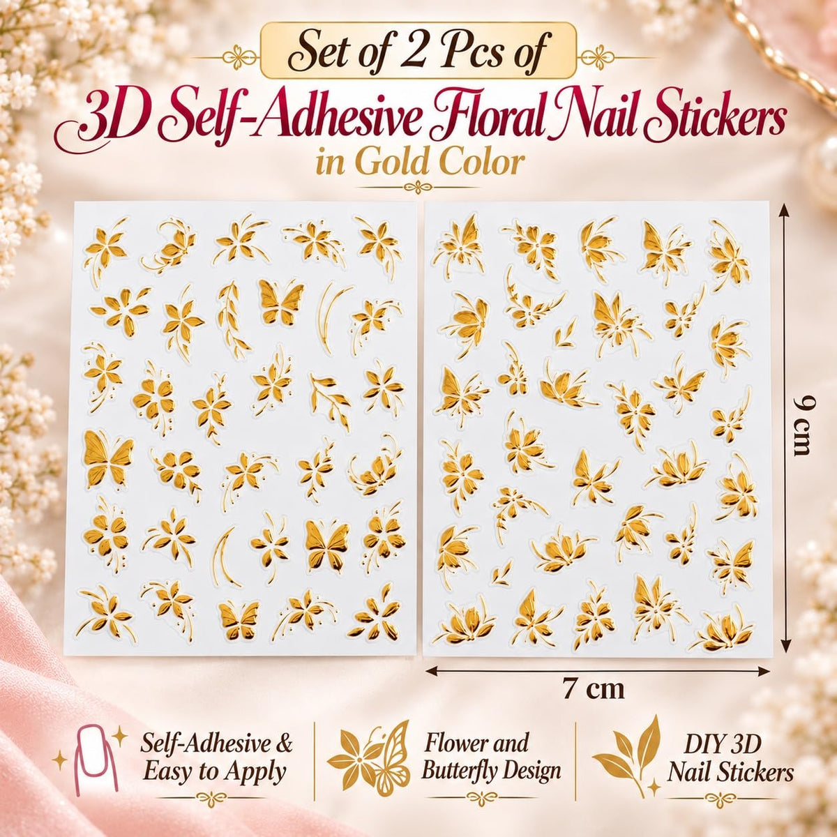 S.A.V.I 3D Nail Art Stickers Self Adhesive Floral Butterfly Pack of 2 | Metallic Gold Decals, DIY Manicure, Easy Peel and Apply, 7 x 9 cm Sheets, for Women and Girls