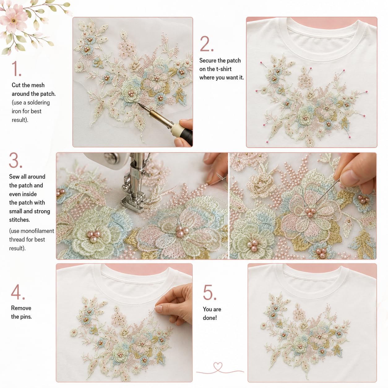 S.A.V.I Big Floral Embroidery Patch Sew-On Applique 36x25 cm|Beige & Pink Mesh Design, DIY Craft Embellishment, For Saree Blouse & Kurta, Hand or Machine Stitch, 1 Pc