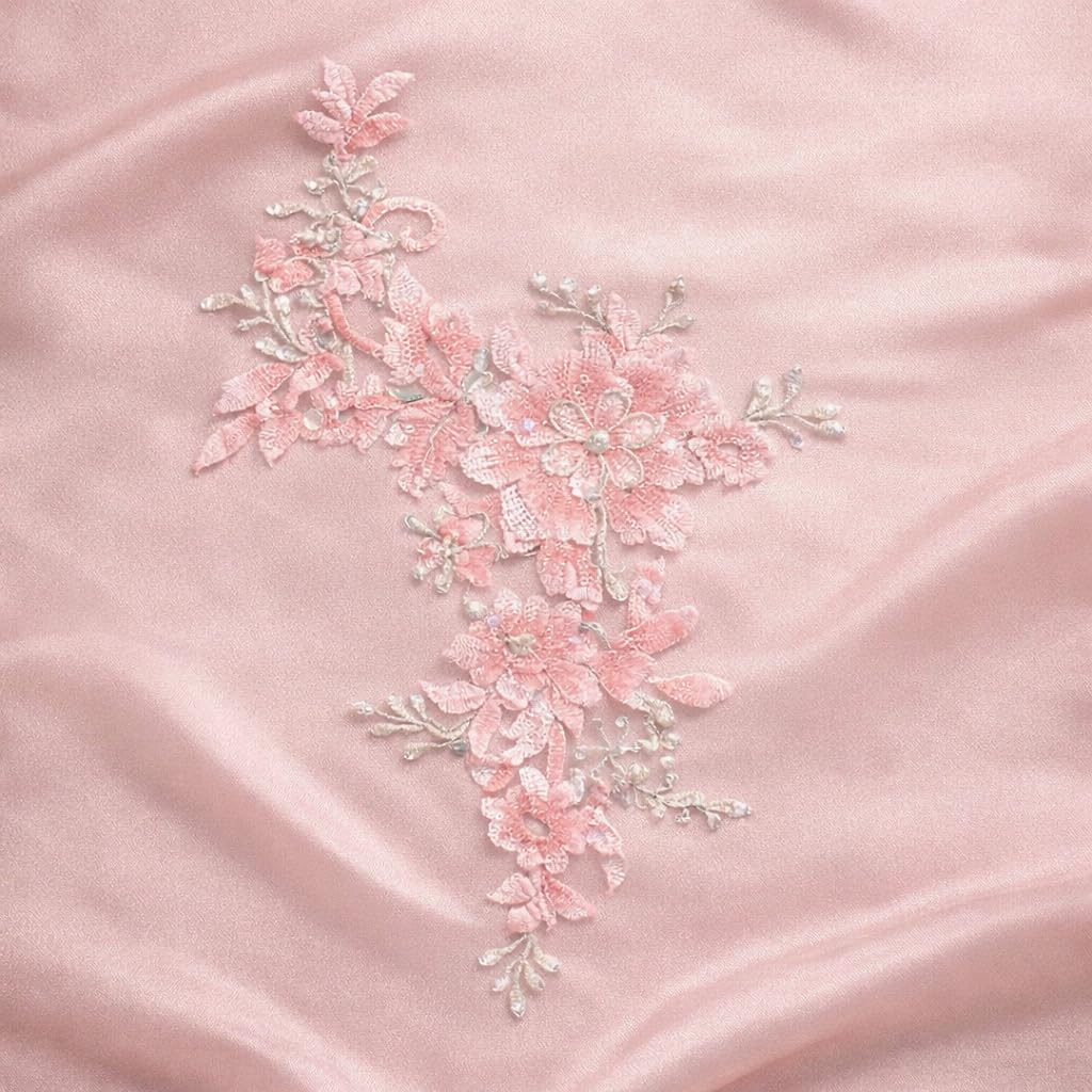 S.A.V.I Pink Floral Applique Patch 25x29 cm, Embroidered Sequins & Thread Net Fabric, Asymmetrical Vine Motif for Bridal, Ethnic & Sewing Crafts, Sew-On (Pink)