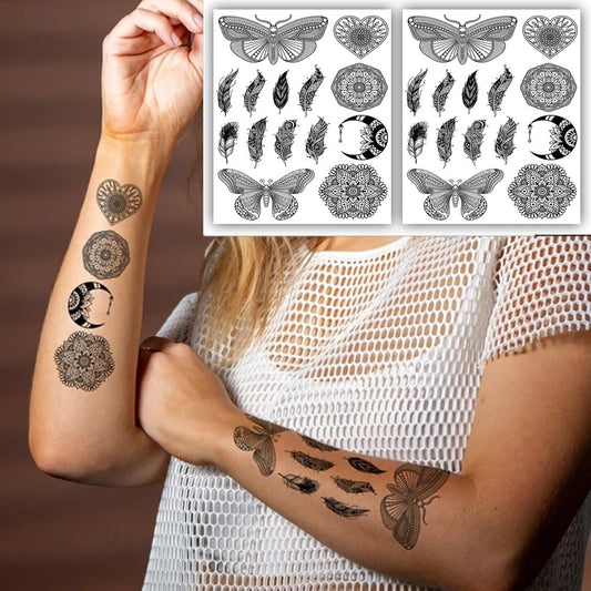 S.A.V.I 2 Sheets - Butterfly  Mandala Temporary Tattoo Stickers, Black, Heart  Moon Designs, 21x15 cm, for Women  Girls