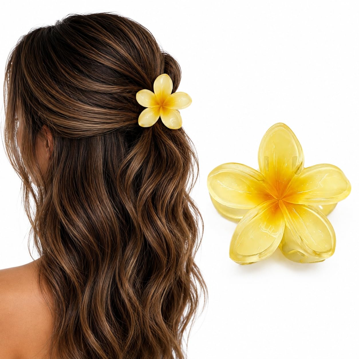 S.A.V.I Yellow Plumeria Resin Flower Hair Claw Clip for Women 8cm | Strong Grip, Lightweight, Thick & Thin Hair, Parties & Weddings, Holiday Accessory